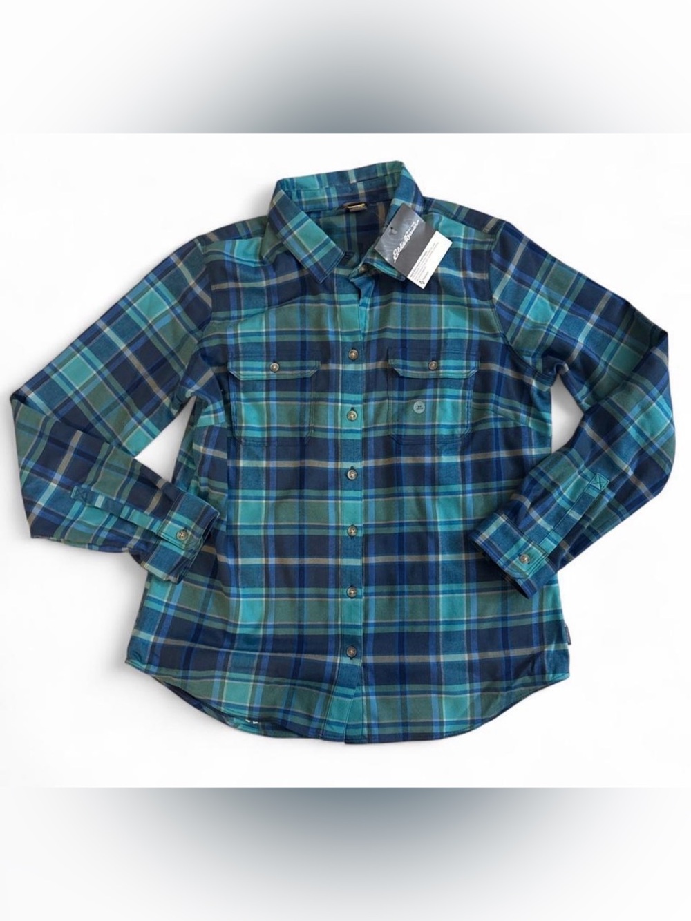 Eddie Bauer Plaid Button-Down Shirt - Teal, Navy & Green
